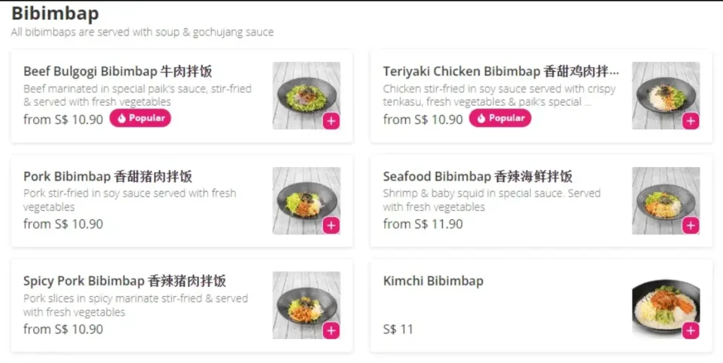 Paik’s Bibimbap Menu Singapore